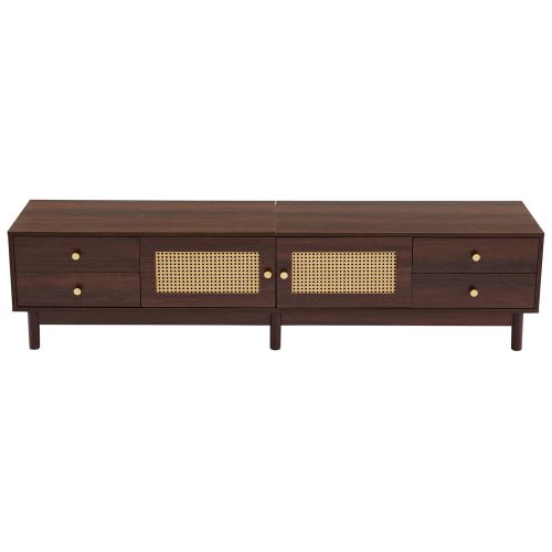 Meuble TV 180 Cm Avec 2 Portes En Rotin, 4 Tiroirs, Couleur Bois