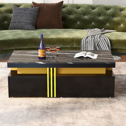 Table basse ron à plateau relevable avec plateau morne en faux marbre et côté en cuir｜Homary