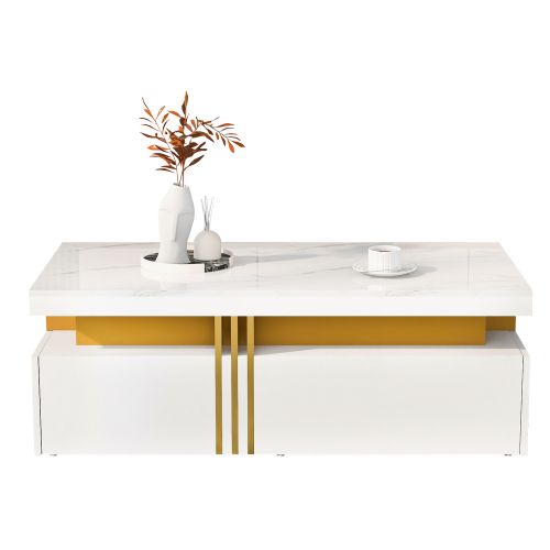 Table Basse Rectangulaire Blanche Plateau Marbré Brillant, 2 Tiroirs, 100x50x40 Cm