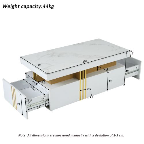 Table Basse Rectangulaire Blanche Plateau Marbré Brillant, 2 Tiroirs, 100x50x40 Cm