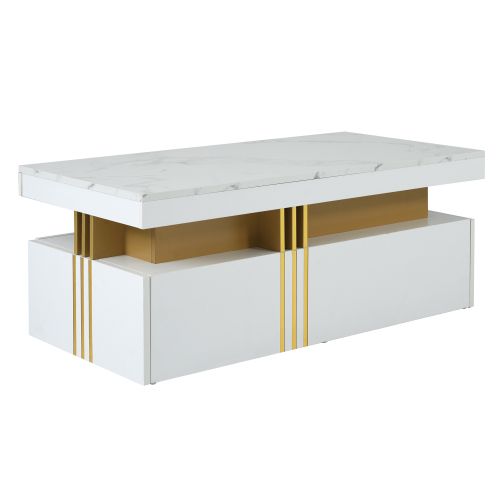 Table Basse Rectangulaire Blanche Plateau Marbré Brillant, 2 Tiroirs, 100x50x40 Cm