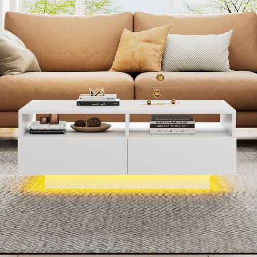 Table Basse Rectangulaire Blanche 90x55x35 Cm, 4 Tiroirs, LED, Finition Haut Brillant