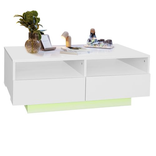 Table Basse Rectangulaire Blanche 90x55x35 Cm, 4 Tiroirs, LED, Finition Haut Brillant