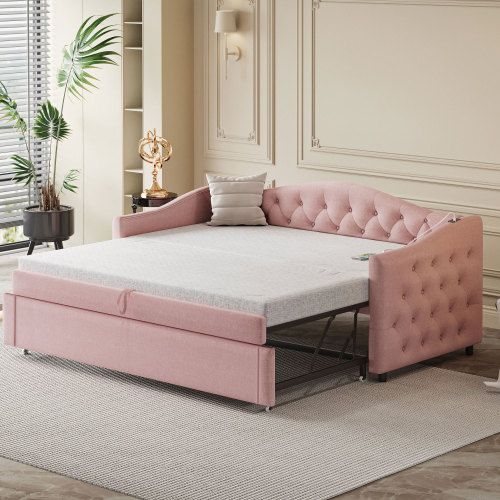 Lit Gigogne 90x200 Cm Avec Sommier à Lattes Et Ports USB Et Type-c, En Lin, Rose