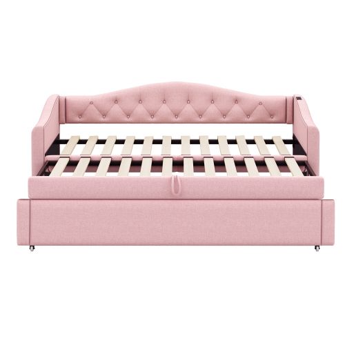 Lit Gigogne 90x200 Cm Avec Sommier à Lattes Et Ports USB Et Type-c, En Lin, Rose