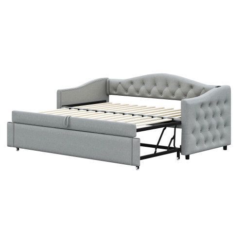 Lit Gigogne 90x200 Cm Avec Ports USB, Sommier à Lattes, En Lin, Gris
