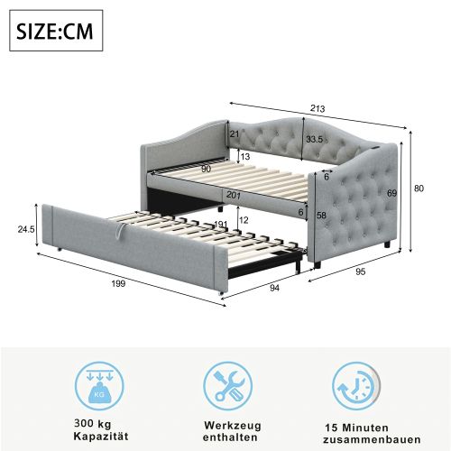 Lit Gigogne 90x200 Cm Avec Ports USB, Sommier à Lattes, En Lin, Gris