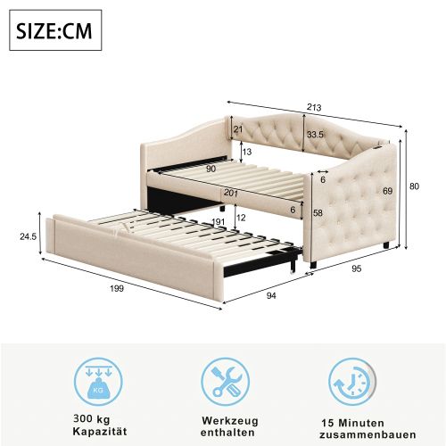 Lit Gigogne 90x200 Cm Avec Lattes Et Ports USB, Transformable En Banquette, En Lin, Beige