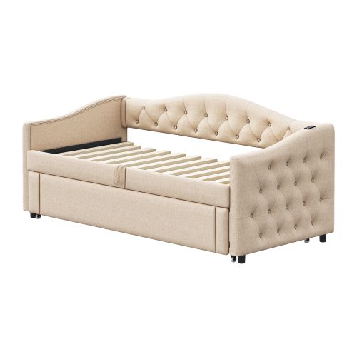 Lit Gigogne 90x200 Cm Avec Lattes Et Ports USB, Transformable En Banquette, En Lin, Beige