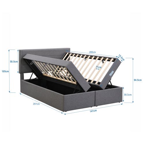 Lit Coffre 140x200 Cm Avec Sommier à Lattes En Métal, Ouverture Des Deux Côtés, En Lin, Gris
