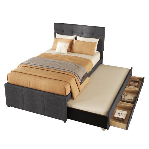 Lit Enfant 90x200 Cm Avec Lit Gigogne 90x190 Cm Avec 3 Tiroirs Et Tête De Lit Réglable, En Lin Gris