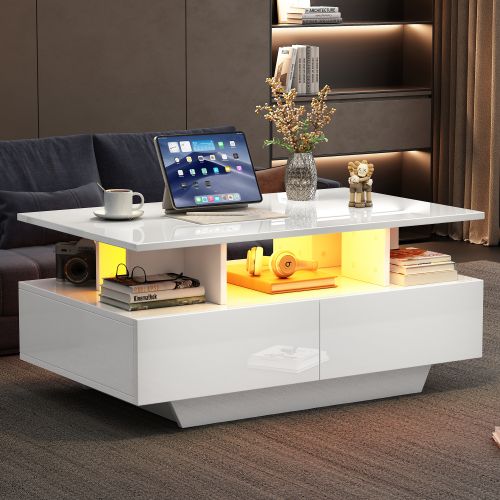 Table Basse Rectangulaire Blanche Finition Haut Brillant 90x55x41 Cm Avec LED Et 2 Tiroirs
