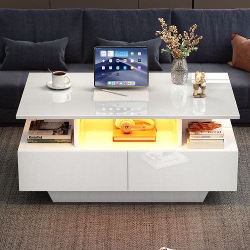 Table Basse Rectangulaire Blanche Finition Haut Brillant 90x55x41 Cm Avec LED Et 2 Tiroirs