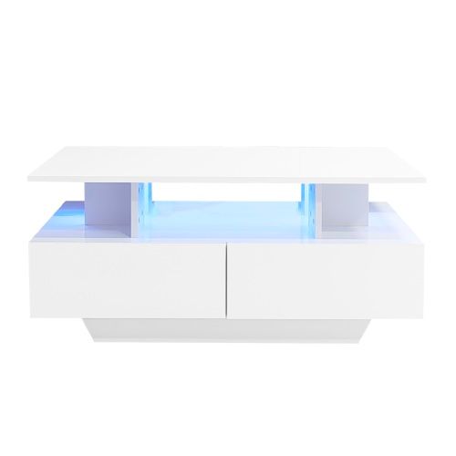 Table Basse Rectangulaire Blanche Finition Haut Brillant 90x55x41 Cm Avec LED Et 2 Tiroirs