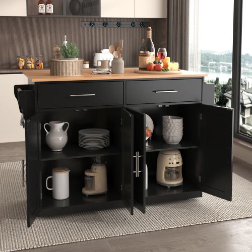 Desserte De Cuisine à Roulettes Avec 2 Tiroirs Et Tablette Rabattable, En Mdf, Noir Et Naturel