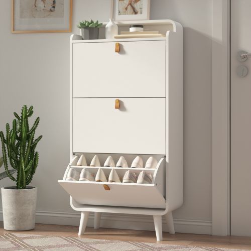 Meuble à Chaussures à 3 Portes Rabattables, Inclinable, Meuble à Chaussures Étroit, Blanc