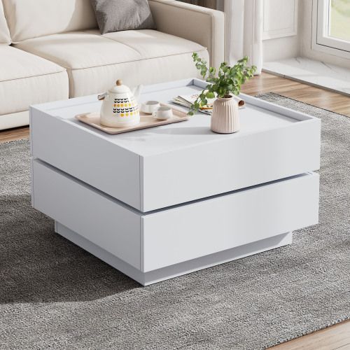 Table Basse Carrée Rotative 360° Blanche Avec 2 Tiroirs Et Rangement