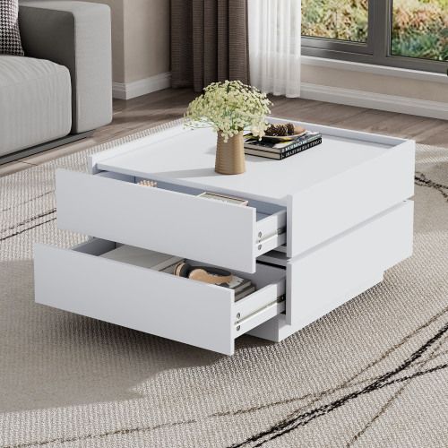 Table Basse Carrée Rotative 360° Blanche Avec 2 Tiroirs Et Rangement