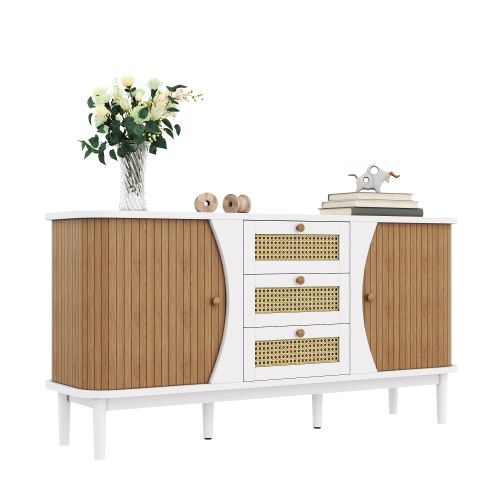 Buffet De Salon Blanc Et Bois Avec 3 Tiroirs Rotin, 140.5 X 40 X 76 Cm