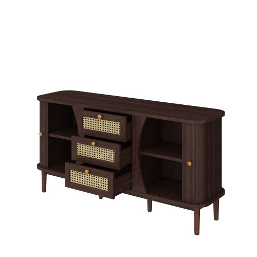 Buffet 140,5 X 76 X 40 Cm, 3 Tiroirs Rotin, Portes Coulissantes, Pieds Bois, Marron