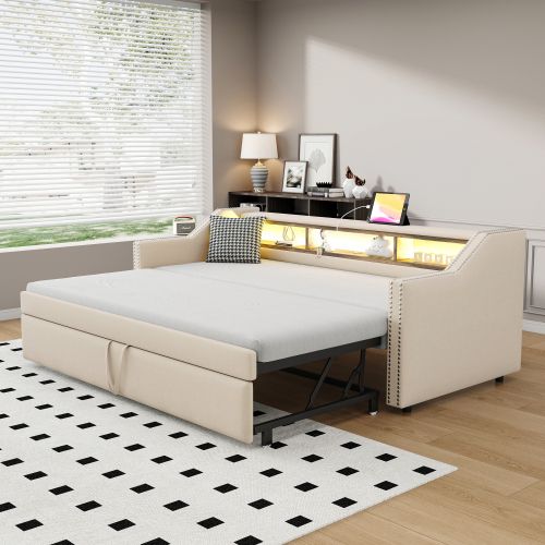 Lit Gigogne 90/180x190 Cm Avec LED, Rangement Et Lattes, En Lin, Beige