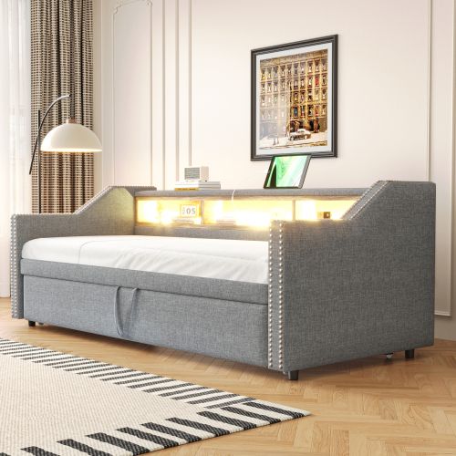 Lit Gigogne 90/180x190 Cm Avec LED, Rangement Et Ports USB, Lattes, En Lin, Gris Clair