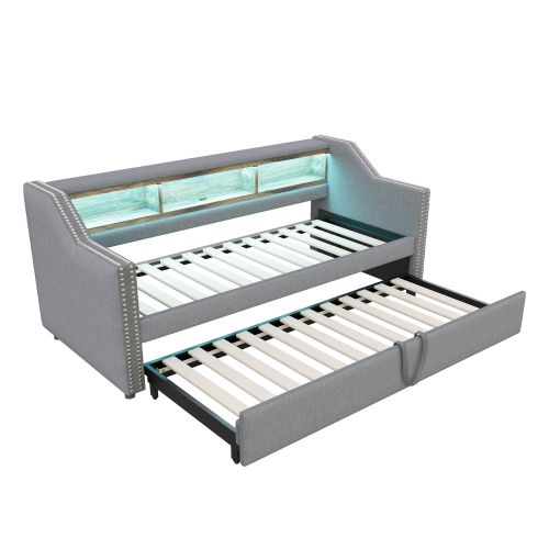 Lit Gigogne 90/180x190 Cm Avec LED, Rangement Et Ports USB, Lattes, En Lin, Gris Clair