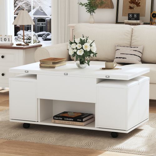 Table Basse Relevable Blanche Avec Rangement Et Plateau Ajustable