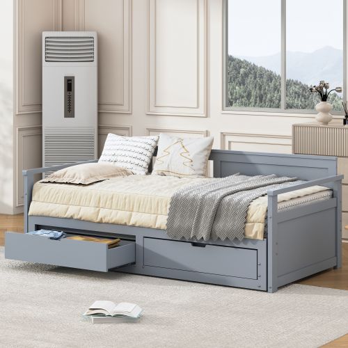 Lit Gigogne 90/180x190 Cm Avec 2 Tiroirs Et Lattes, En Bois, Gris