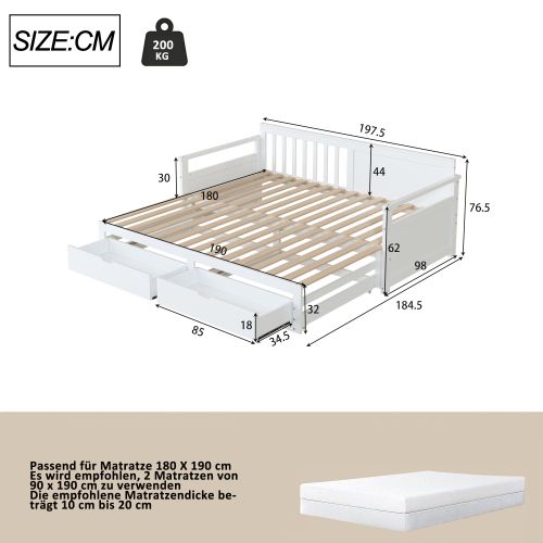 Lit Gigogne 90/180x190 Cm Avec 2 Tiroirs Et Sommier à Lattes, En Bois, Blanc