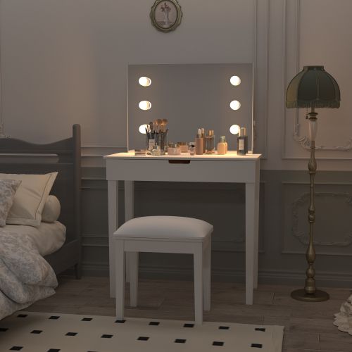 Coiffeuse Avec Miroir, Éclairage LED, Tabouret De Coiffeuse, Blanc