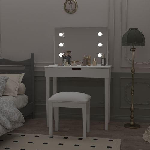 Coiffeuse Avec Miroir, Éclairage LED, Tabouret De Coiffeuse, Blanc