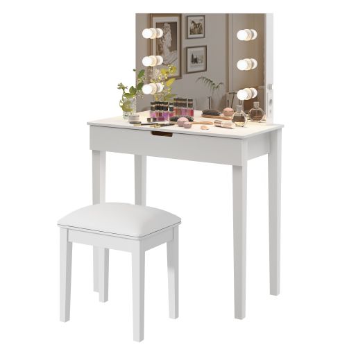 Coiffeuse Avec Miroir, Éclairage LED, Tabouret De Coiffeuse, Blanc