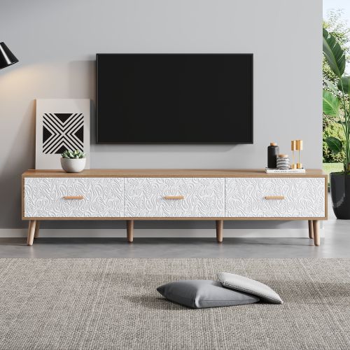 Meuble TV 150 Cm Avec 3 Tiroirs, Blanc Et Couleur Bois