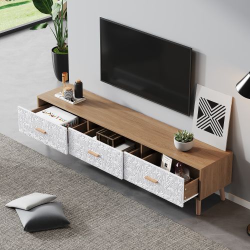 Meuble TV 150 Cm Avec 3 Tiroirs, Blanc Et Couleur Bois