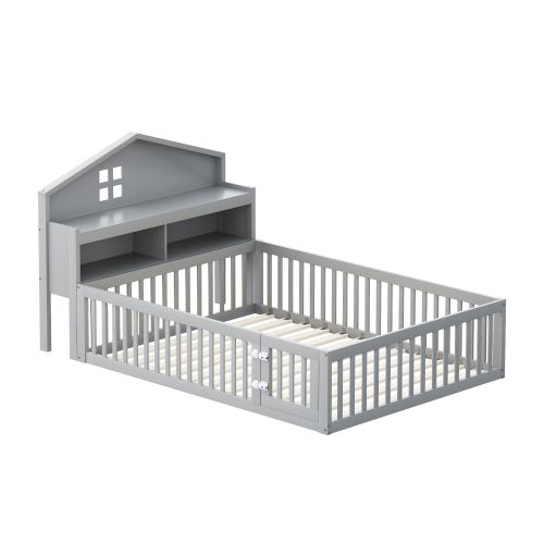 Lit Enfant 140x200 Cm, Tête De Lit De Rangement Style Toit Et Sommier à Lattes, En Bois, Gris