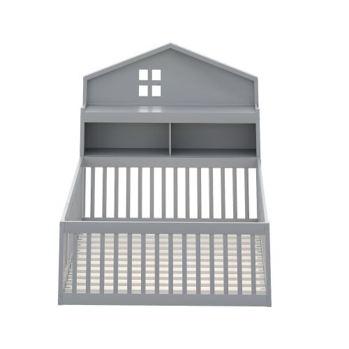 Lit Enfant 140x200 Cm, Tête De Lit De Rangement Style Toit Et Sommier à Lattes, En Bois, Gris