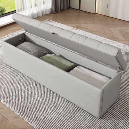 Banc Capitonné En Lin, 141x41.5x47 Cm, Assise Rembourrée Avec Espace De Rangement, Gris Clair