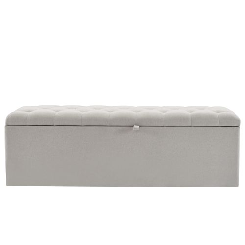 Banc Capitonné En Lin, 141x41.5x47 Cm, Assise Rembourrée Avec Espace De Rangement, Gris Clair