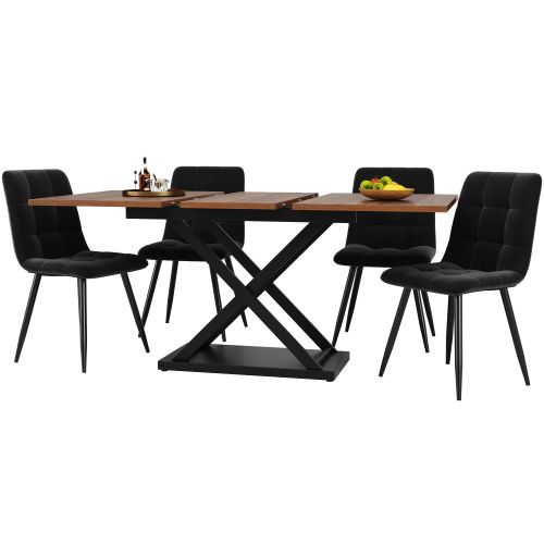 Ensemble Table Et Chaises, Table à Manger 120x80cm Avec Pieds Métal Et 4 Chaises En Velours Noir