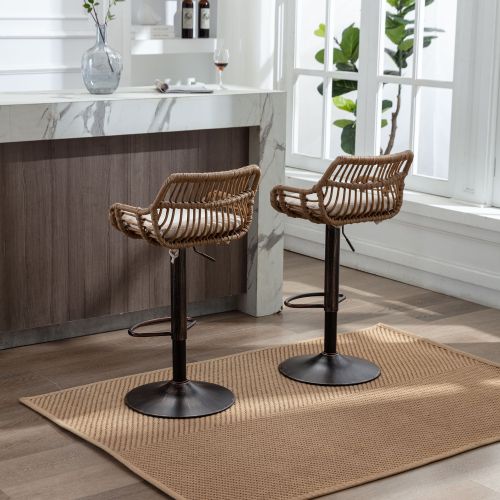 Lot De 2 Tabourets De Bar Réglables, Dossier Rotin, Assise En Lin Rembourrée, Beige