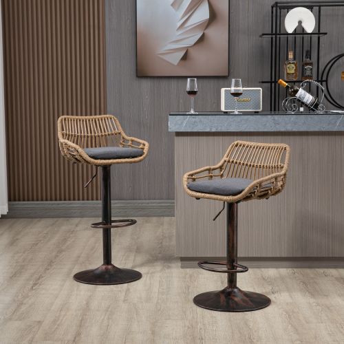 Lot De 2 Tabourets De Bar Réglables, Assise En Lin, Dossier Rotin, Pied Métal, Gris