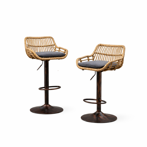 Lot De 2 Tabourets De Bar Réglables, Assise En Lin, Dossier Rotin, Pied Métal, Gris