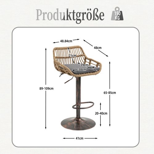 Lot De 2 Tabourets De Bar Réglables, Assise En Lin, Dossier Rotin, Pied Métal, Gris