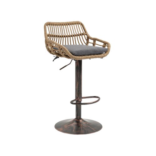 Lot De 2 Tabourets De Bar Réglables, Assise En Lin, Dossier Rotin, Pied Métal, Gris