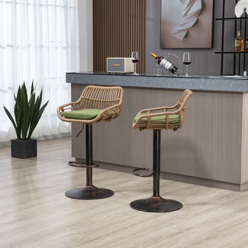Lot De 2 Tabourets De Bar Réglables, Pivotants, Dossier En Rotin Synthétique Tressé, En Lin, Vert