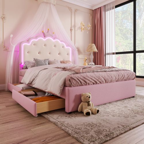 Lit Adulte 140x200 Cm Avec Lit Gigogne Et 2 Tiroirs, Avec Lattes Et LED, En Pu, Rose