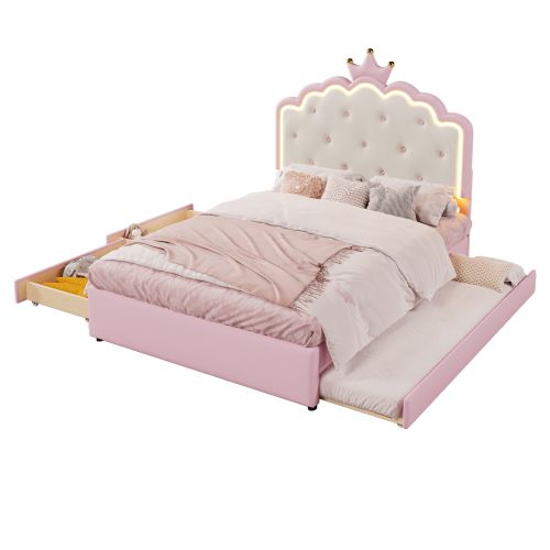 Lit Adulte 140x200 Cm Avec Lit Gigogne Et 2 Tiroirs, Avec Lattes Et LED, En Pu, Rose