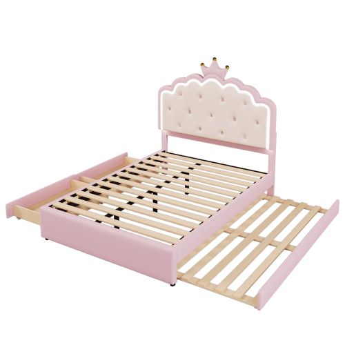 Lit Adulte 140x200 Cm Avec Lit Gigogne Et 2 Tiroirs, Avec Lattes Et LED, En Pu, Rose