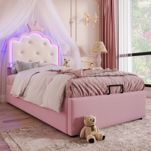 Lit Coffre Enfant 90x200 Cm Avec Tête En Forme De Couronne, LED, En Pu, Rose